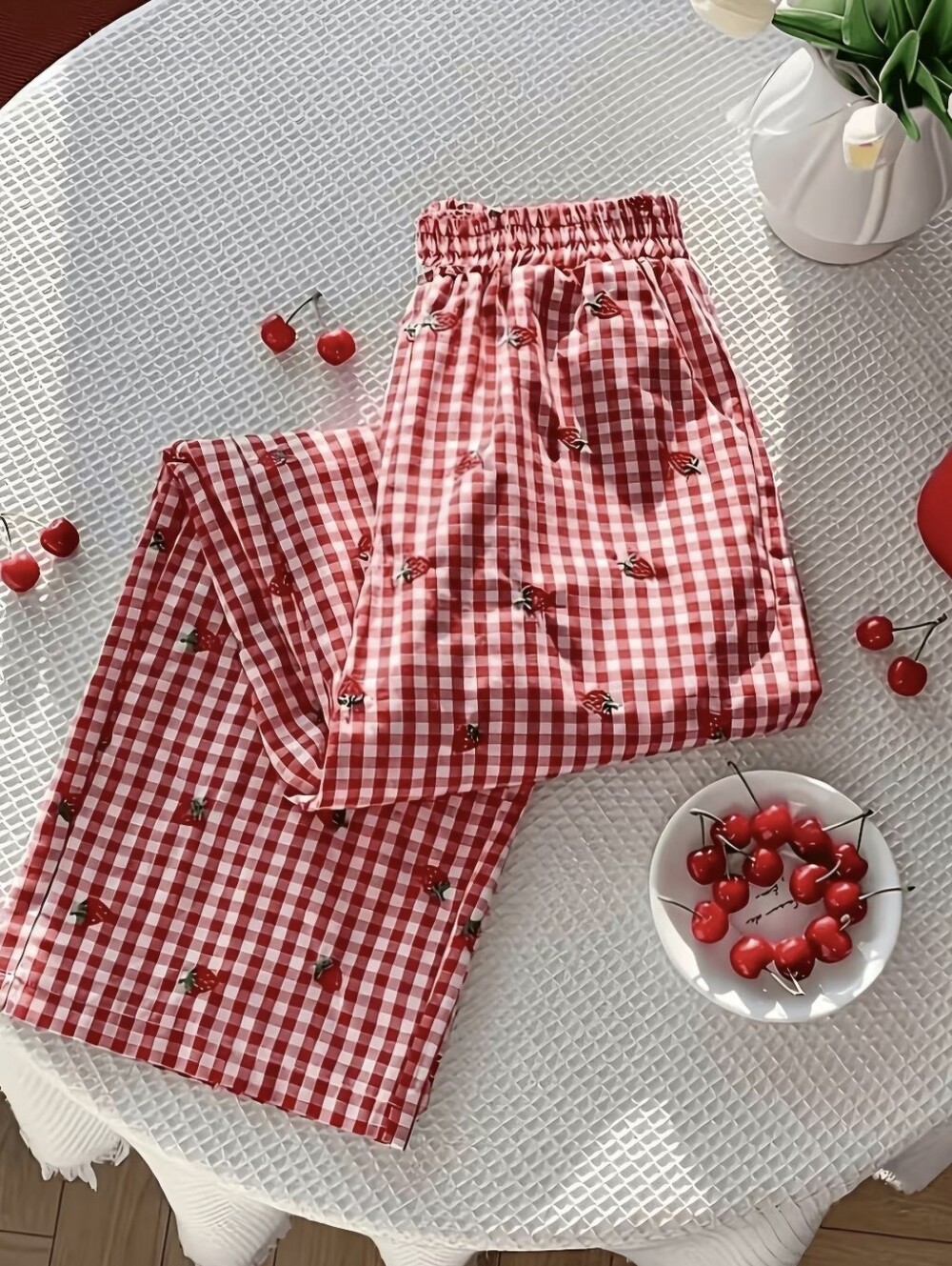 Women' Elegant Straight Trousers - Plaid Cherry Print Trousers Suitable for Seas